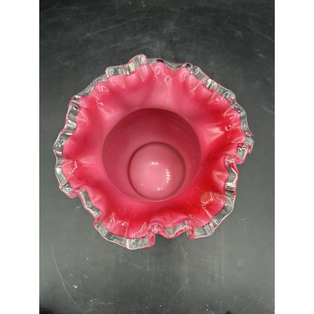 Vintage Fenton Peach Crest White Cased Rose Bowl Vase Pink Interior Ruffled Rim